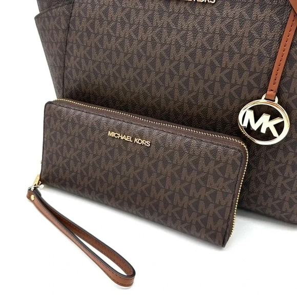 Michael Kors Large Jet Set Travel Chain Shoulder Bag & Continental Wallet Brown - Picture 12 of 15